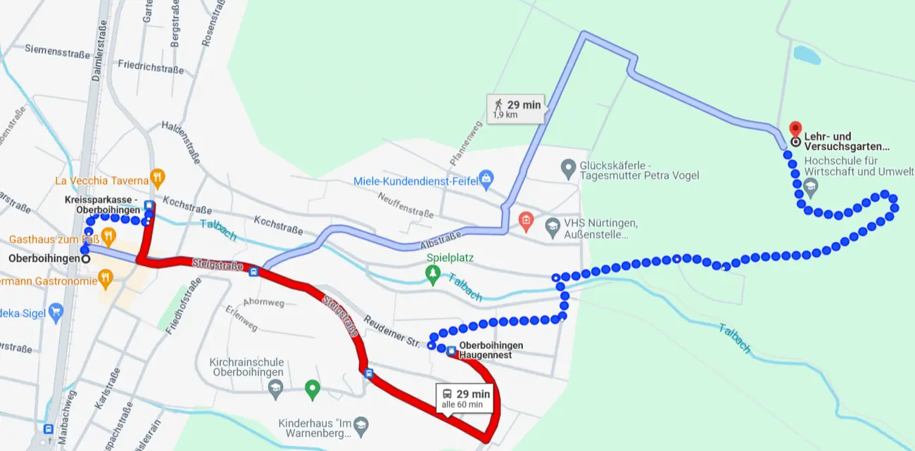 Karte mit eingezeichnetem Fußweg von Oberboihingen nach Tachenhausen