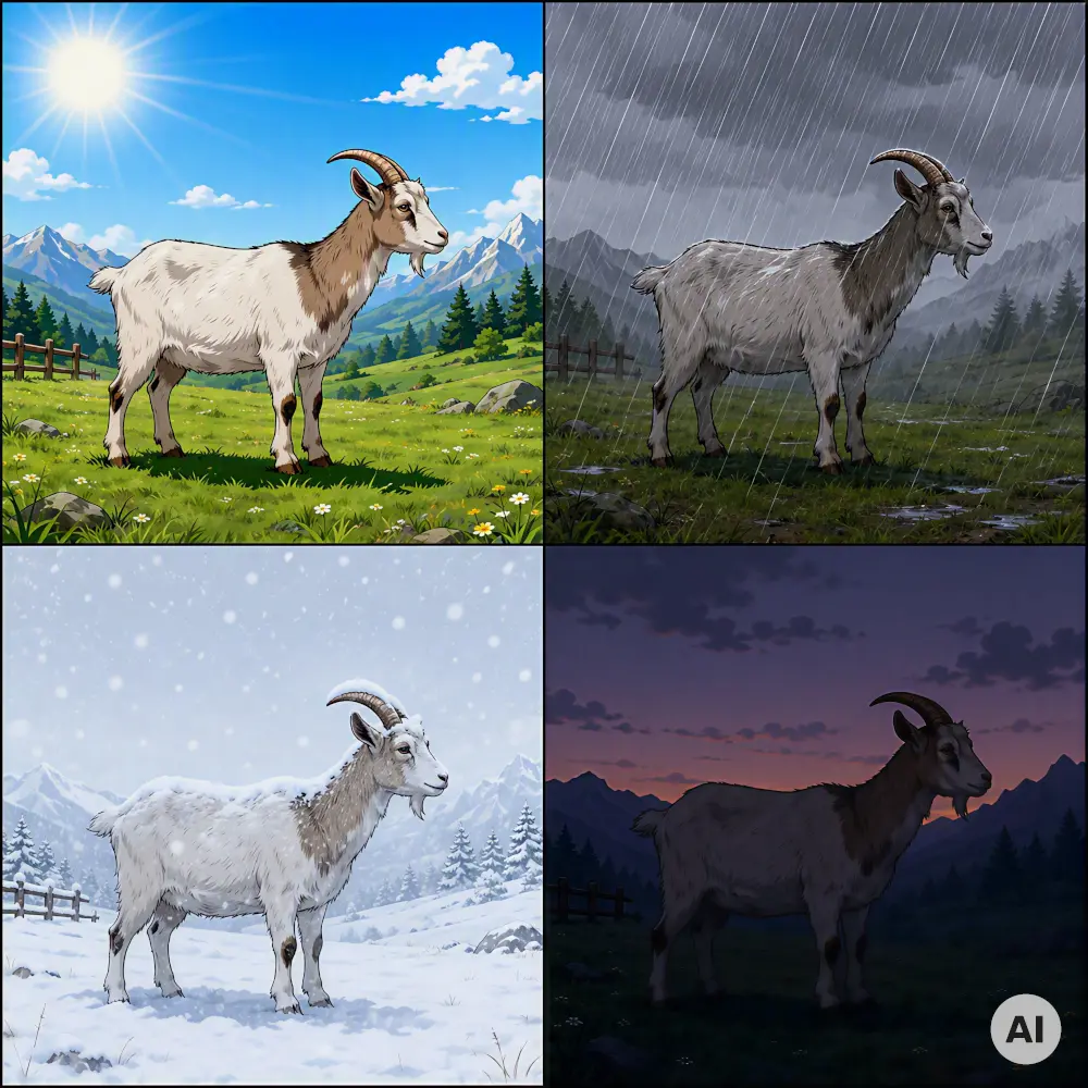 Bild mit vier Quadranten. Die Bilder in den Quadranten zeigen immer dieselbe Ziege vor derselben Landschaft. Die Quadranten unterscheiden sich dadurch, dass sie verschiedene WWitterungsverhältnisse zeigen: Sonnenschein, Regen, Schnee, Dämmerung. Die Witterungsverhältnisse verändern das Bild und die Bildqualität. Das Bild wurde mit KI generiert. 