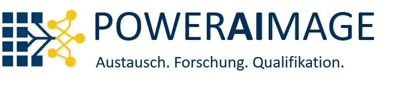 Logo von PowerAImage. Auf dem Bild steht der Name des Projektes und darunter die Begriffe "Austausch", "Forschung" und "Qualifikation".
