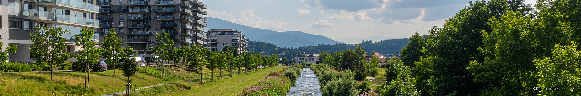 KI-generierte Grafik: Flusslandschaft, Zentralperspektive, links moderner Siedlungsbau, rechts Baumbestand