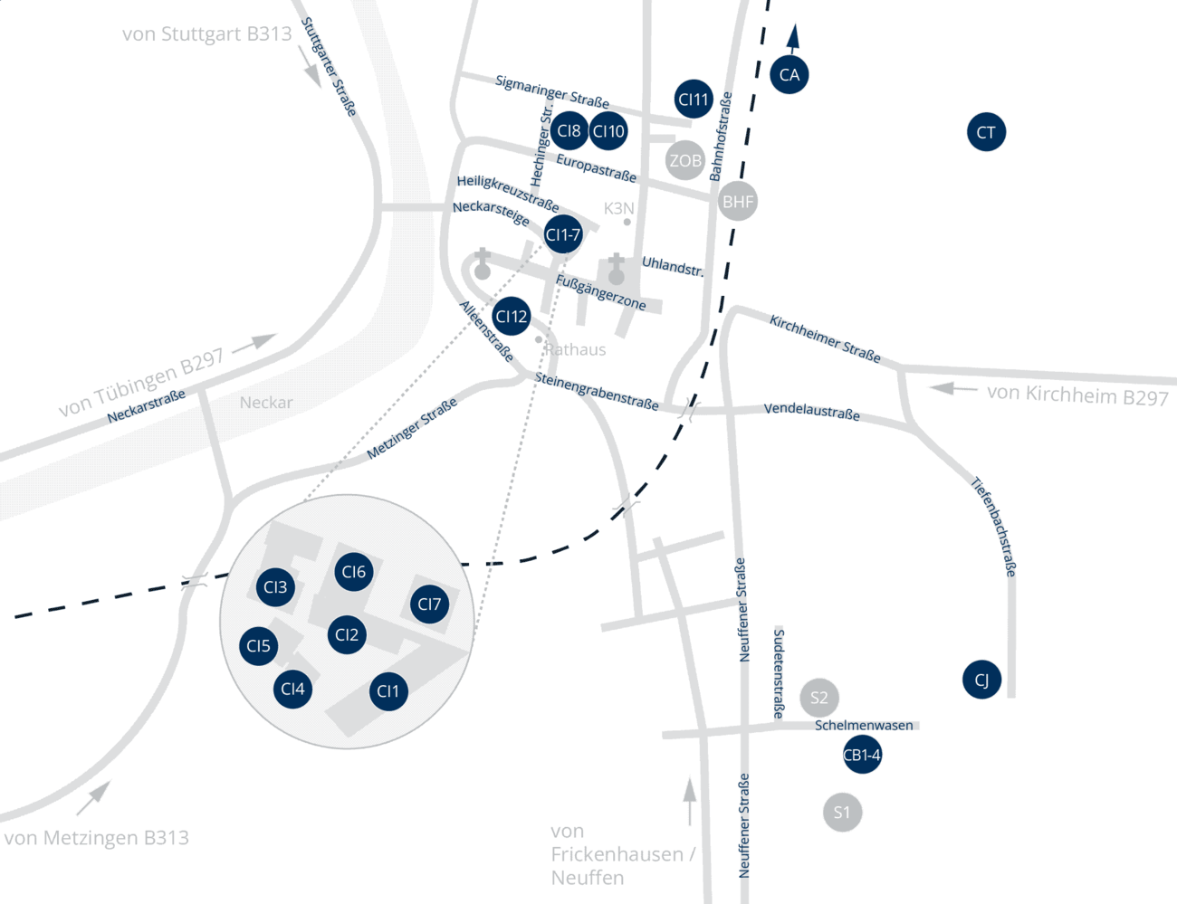 Lageplan HfWU in Nürtingen, Campus Innenstadt CI1-CI7