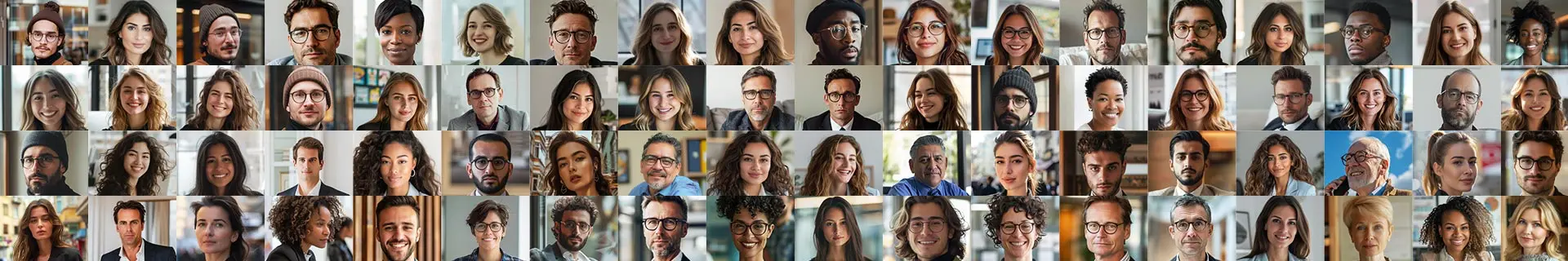 Das Bild zeigt eine Collage aus zahlreichen Personen, die in einem Rasterformat angeordnet sind – mit mehreren Reihen und Spalten. Jede Zelle enthält eine einzelne Person. Die Gesichter sind unscharf oder anonymisiert, um die Privatsphäre zu wahren. Die Hintergründe der einzelnen Bilder variieren und zeigen unterschiedliche Innenräume wie Büros, Bibliotheken oder andere Arbeitsumgebungen. Das Bild steht symbolisch für Vielfalt, Gemeinschaft und digitale Vernetzung.