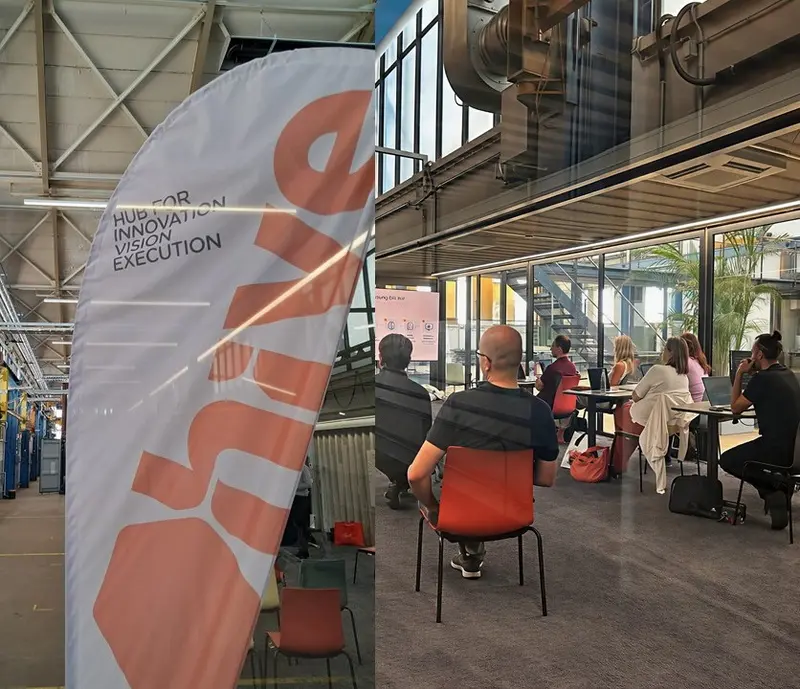 Bildmontage, auf dem das Logo des hive Göppingen und ein Blick in den Workshopraum zu sehen ist.