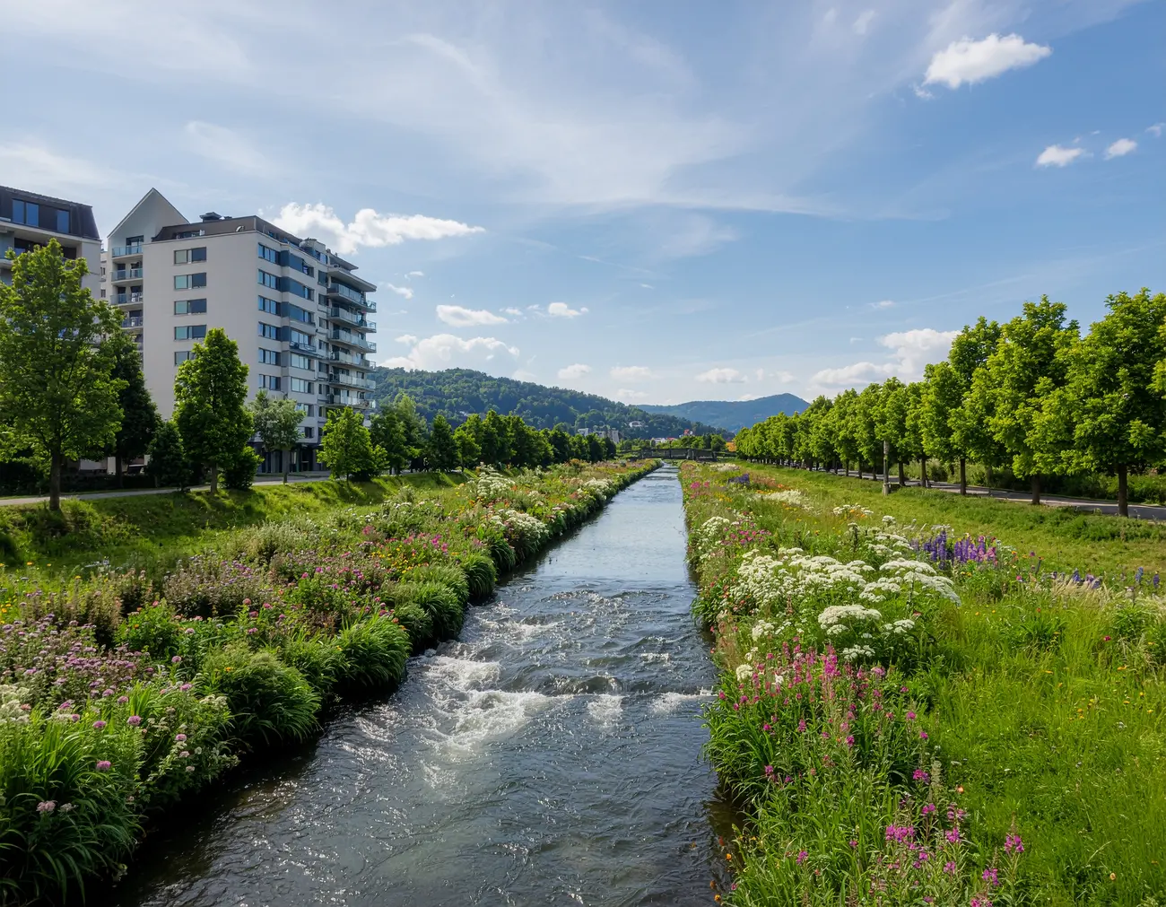 KI-generiert: Flusslandschaft, mit Uferbebauung