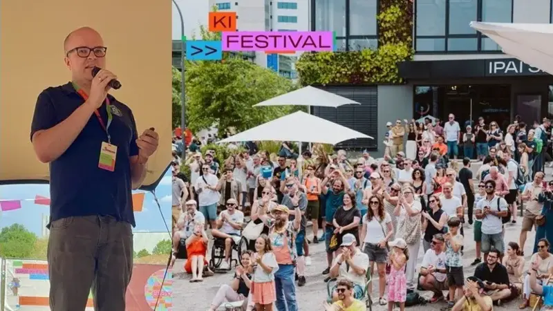 Foto von Burkhard Hoppenstedt und ein Werbefoto des KI-Festival.