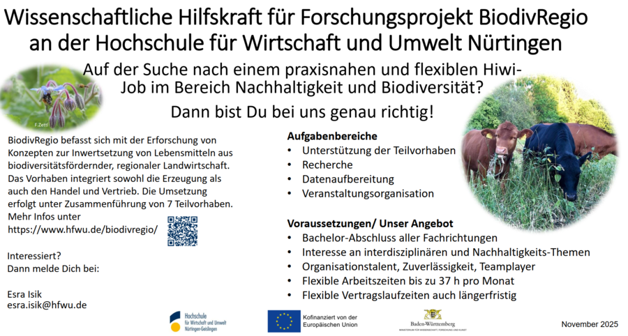 HiWi gesucht für das BiodivRegio-Projekt. Bitte melden an esra.isik@hfwu.de