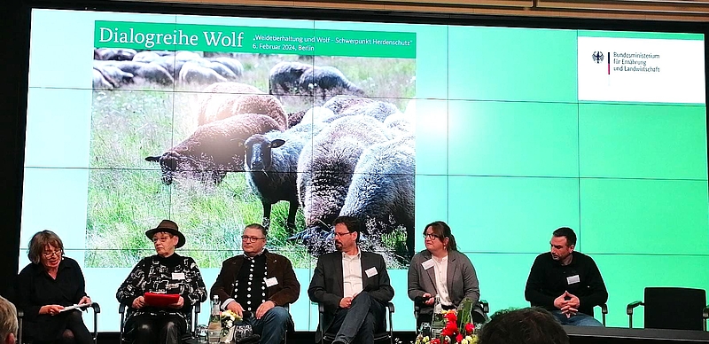 Prof Röhl und 6 weitere Personen auf der Bühne vor einem Bild mit Schafen