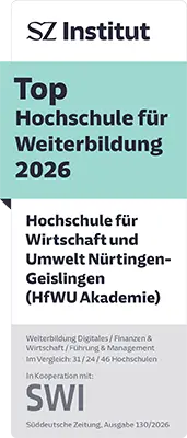 Auszeichnung der Digital Business School an der HfWU durch das SZ Institut der Süddeutschen Zeitung: Top-Bewertung im Weiterbildungs-Ranking 2026 in den Kategorien Digitales, Führung & Management sowie Finanzen & Wirtschaft.