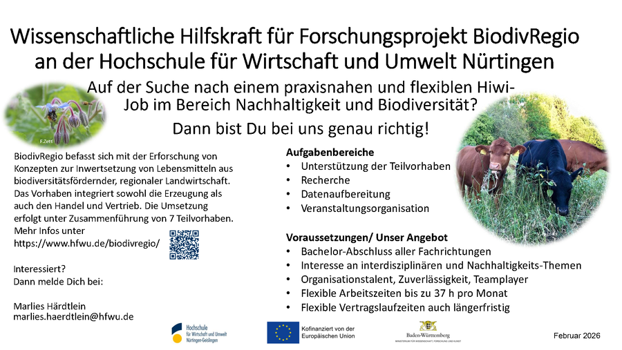 Wir sind auf der Suche nach Hiwis. Bei Interesse melden sie sich bei Marlies Härdtlein (marlies.haerdtlein@hfwu.de)