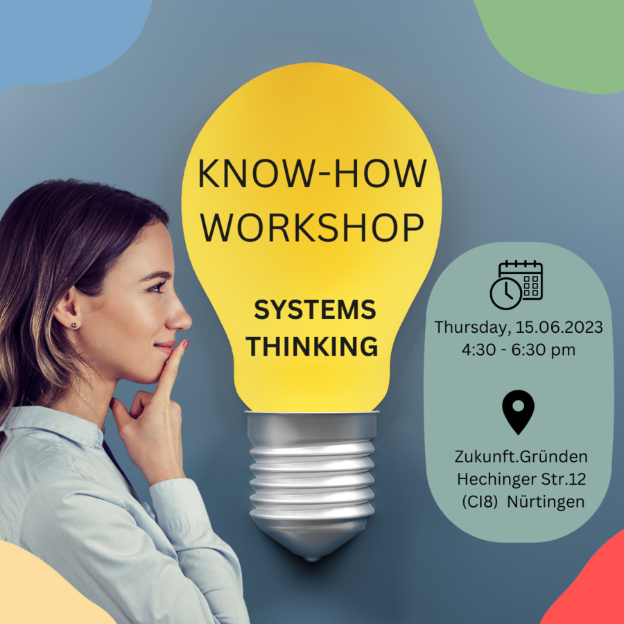 Know How Workshop System Thinking. Wednesday, 24.05.2023, 4:30 - 6:30 pm. Zukunft.Gruenden, Hechinger Str. 12, Nürtingen