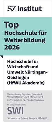 Auszeichnung der Digital Business School an der HfWU durch das SZ Institut der Süddeutschen Zeitung: Top-Bewertung im Weiterbildungs-Ranking 2026 in den Kategorien Digitales, Führung & Management sowie Finanzen & Wirtschaft.
